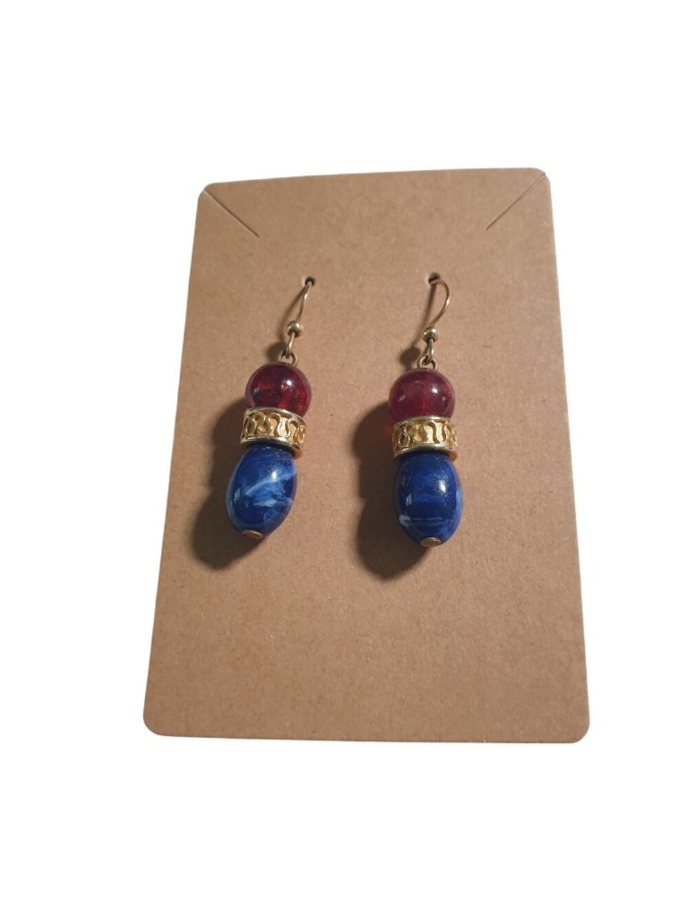 Red Blue Beaded Earrings Gold Tone Trim Dangle Pierced Hooks Handmade Patriotic
